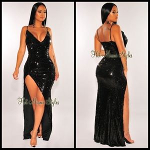 Hot Miami Styles Sequins Ruched Slit Gown